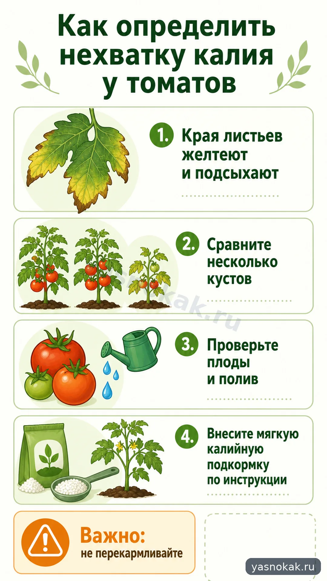 Схема: Как определить нехватку калия у томатов