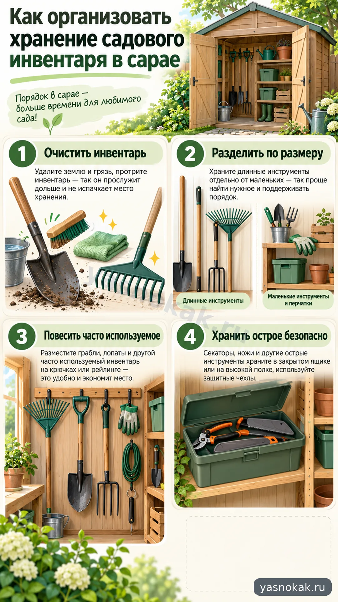 Схема: Как организовать хранение садового инвентаря в сарае