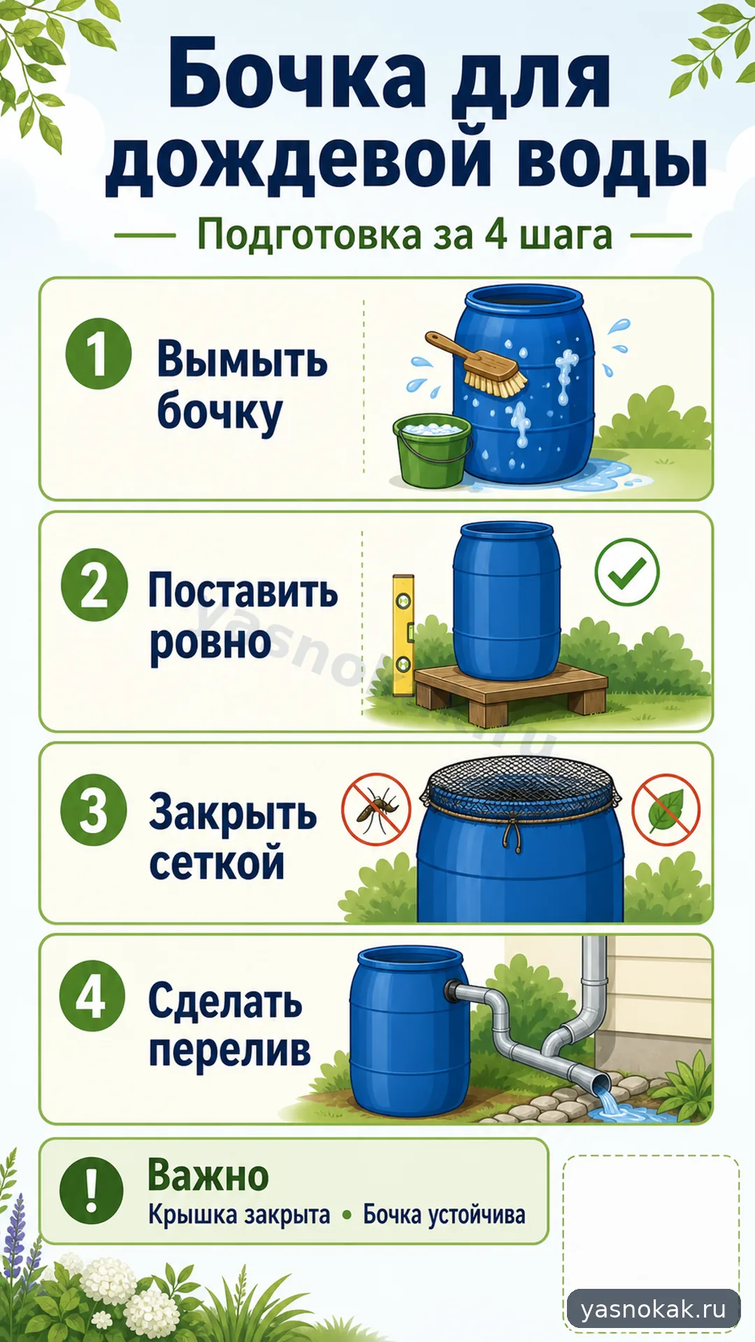 Схема: Как подготовить бочку для дождевой воды на даче