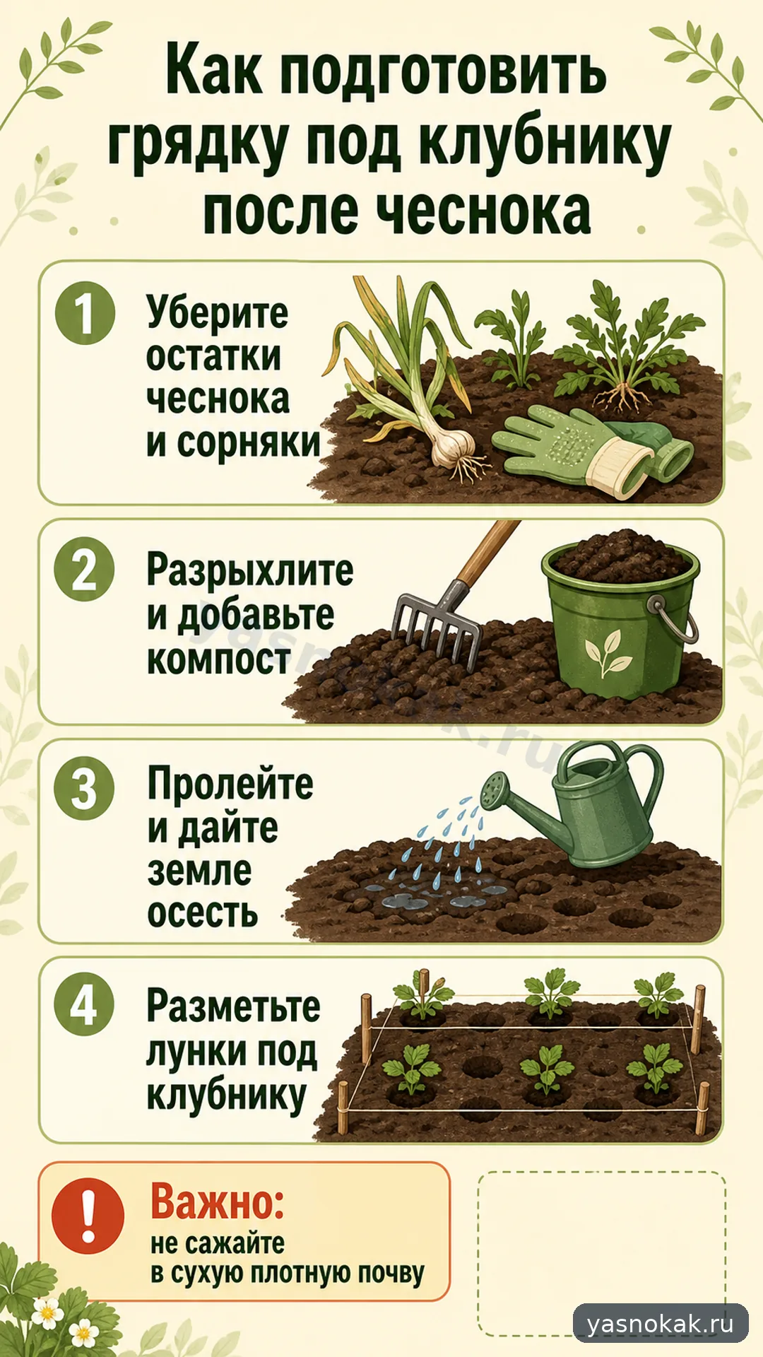 Схема: как подготовит грядку под клубнику после чеснока