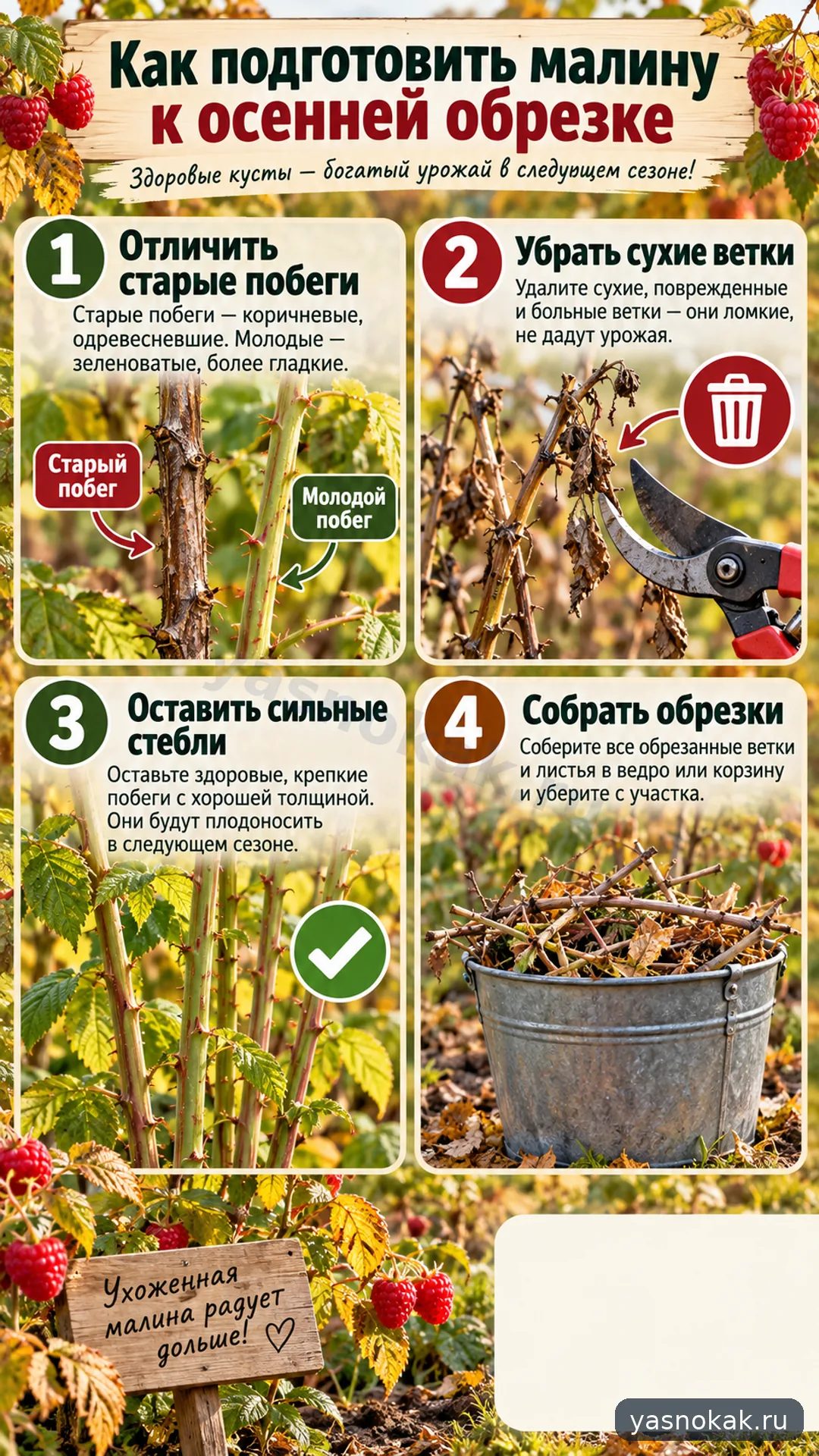 Схема: Как подготовить малину к осенней обрезке