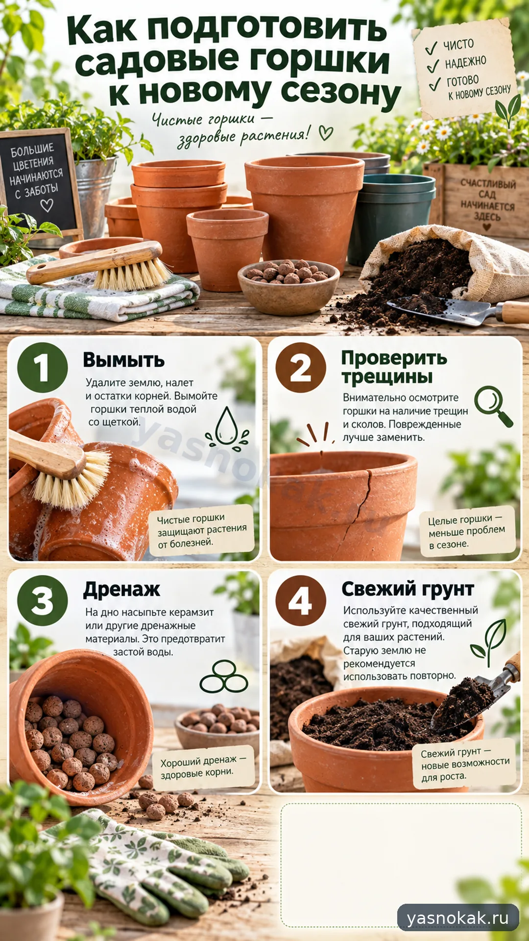 Схема: Как подготовить садовые горшки к новому сезону