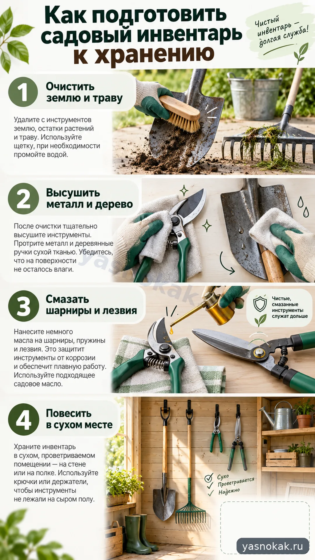 Схема: Как подготовить садовый инвентарь к хранению