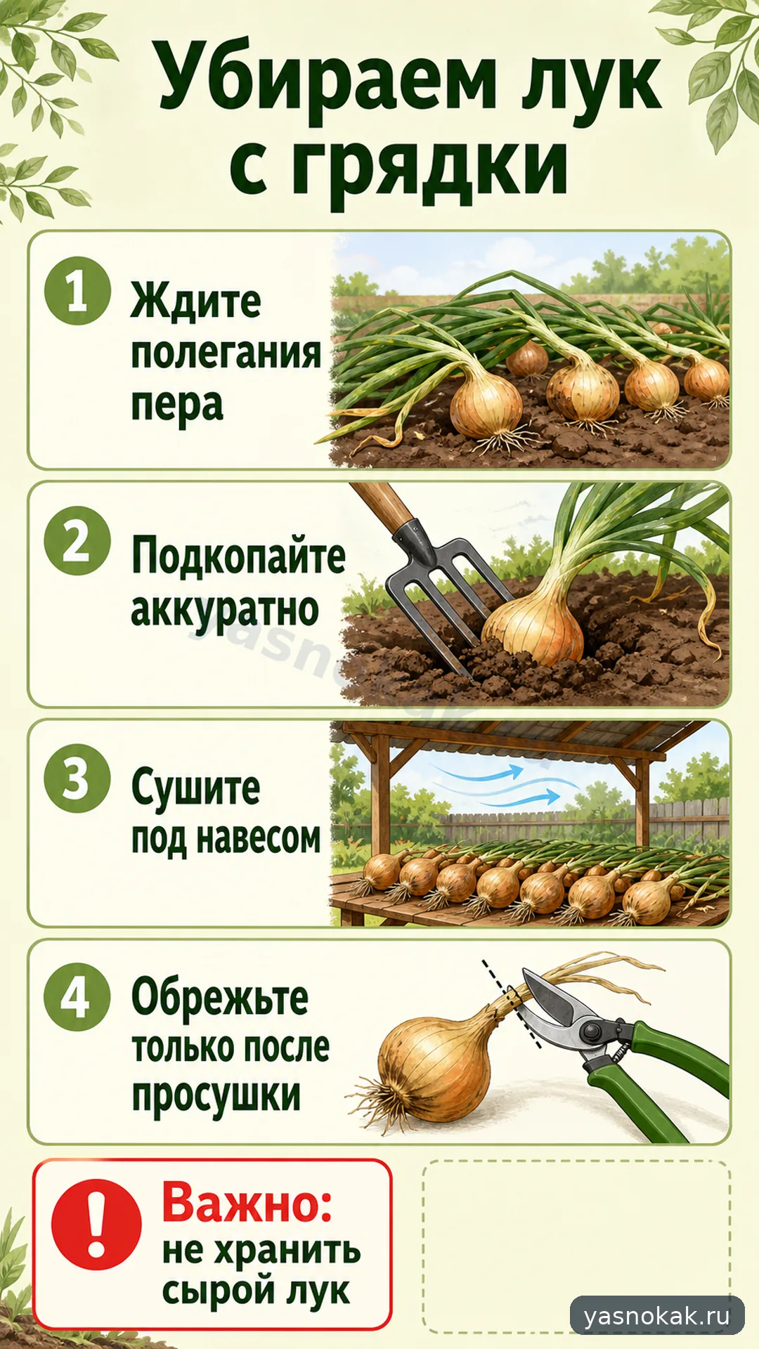 Схема: Как правильно собрать лук с грядки