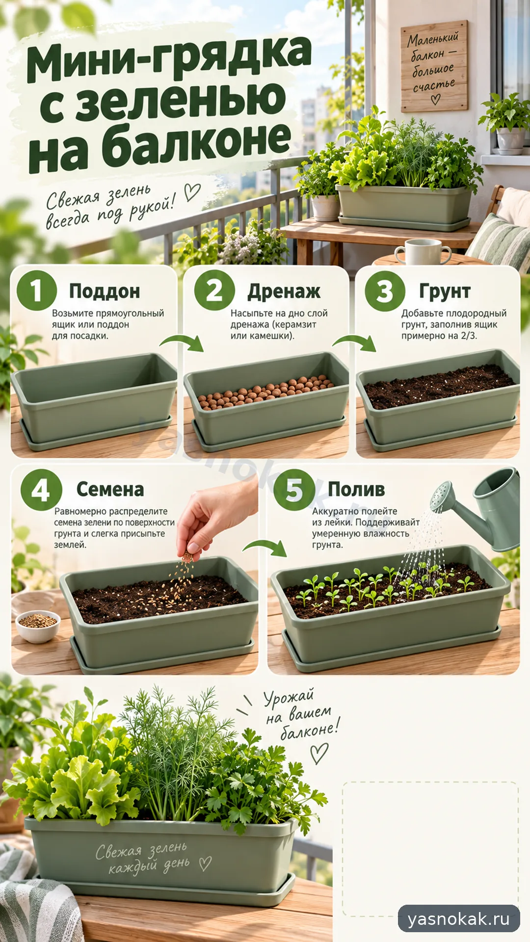 Схема: Как сделать мини-грядку с зеленью на балконе