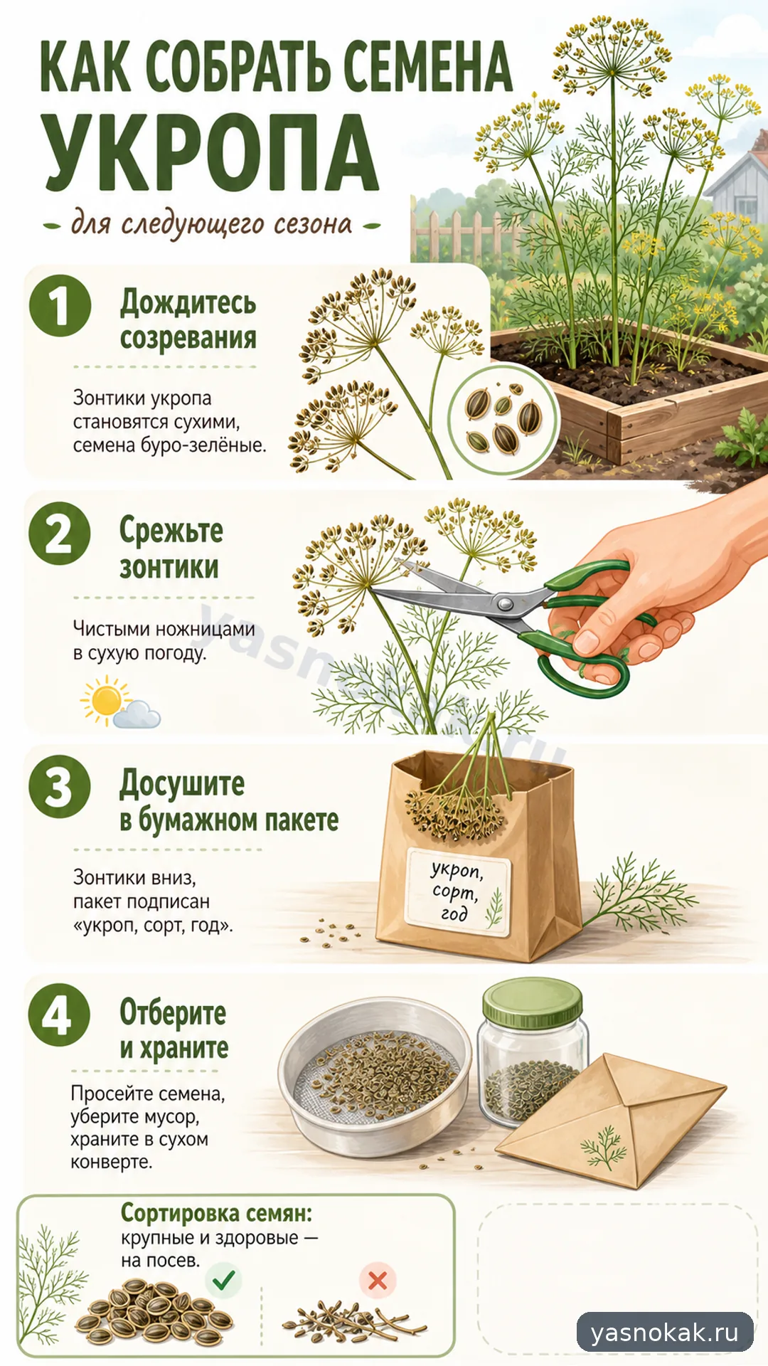 Схема: Как собрать семена укропа для следующего сезона