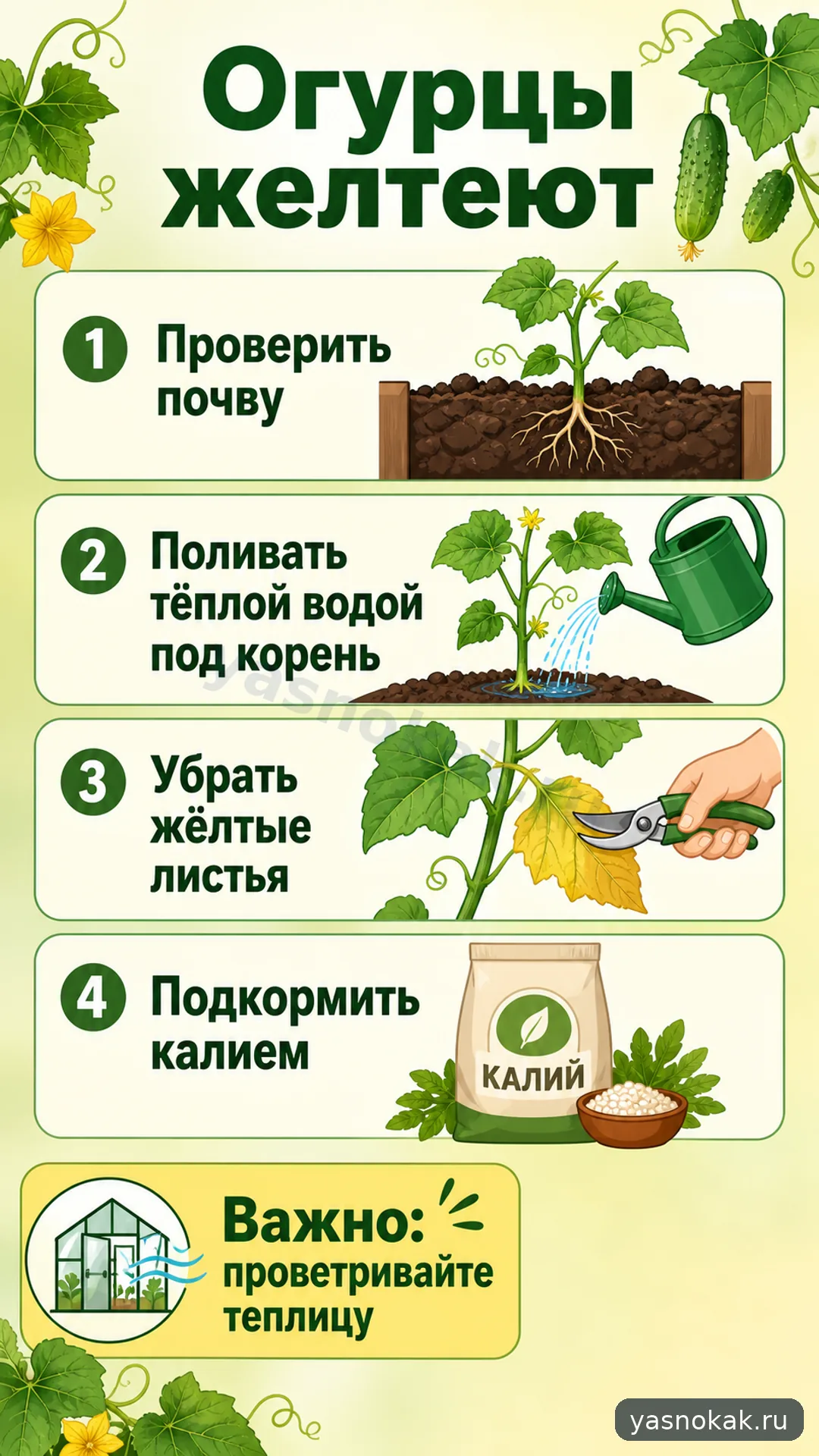 Схема: Как спасти огурцы, если желтеют листья