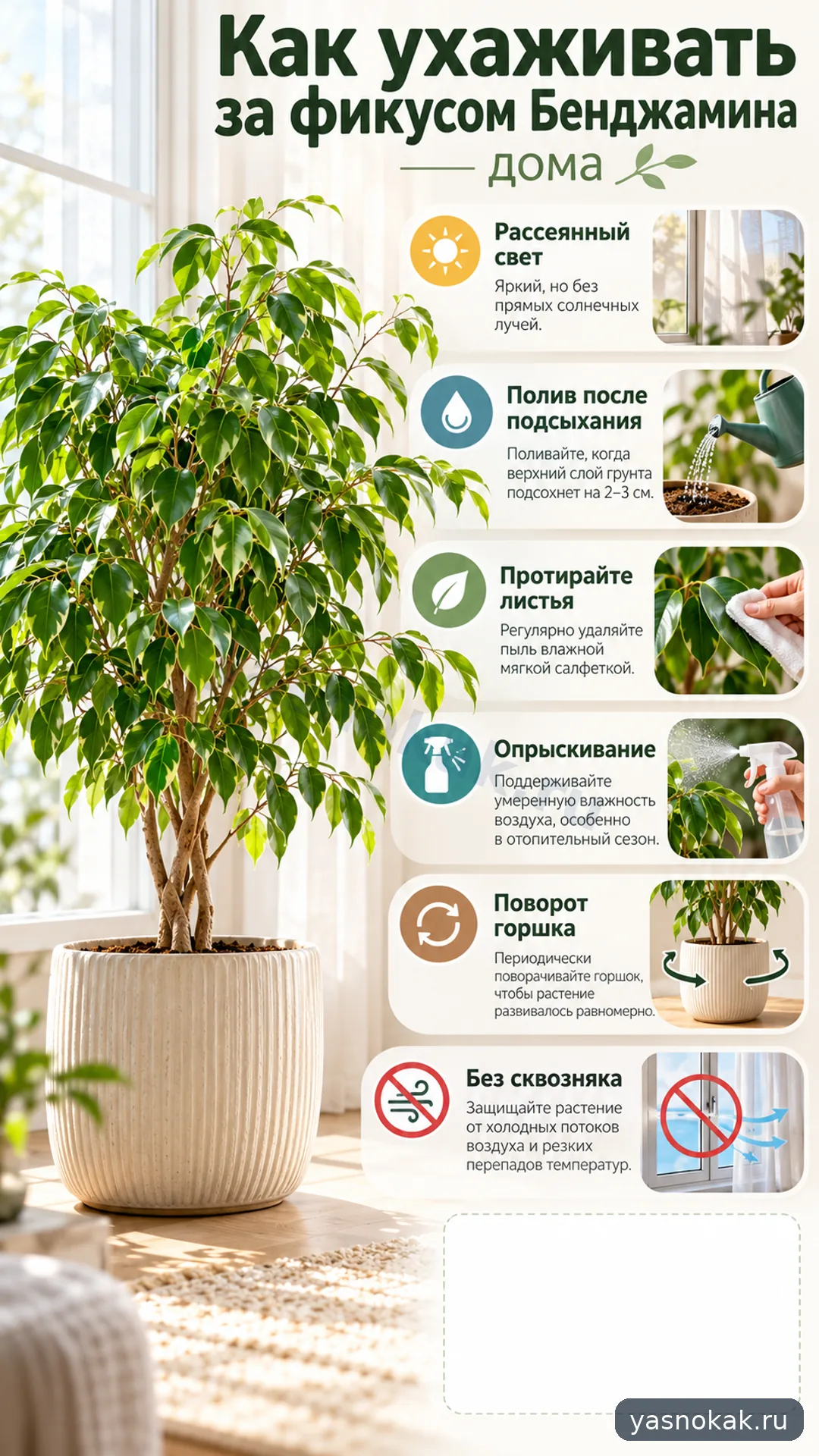 Схема: Как ухаживать за фикусом Бенджамина дома