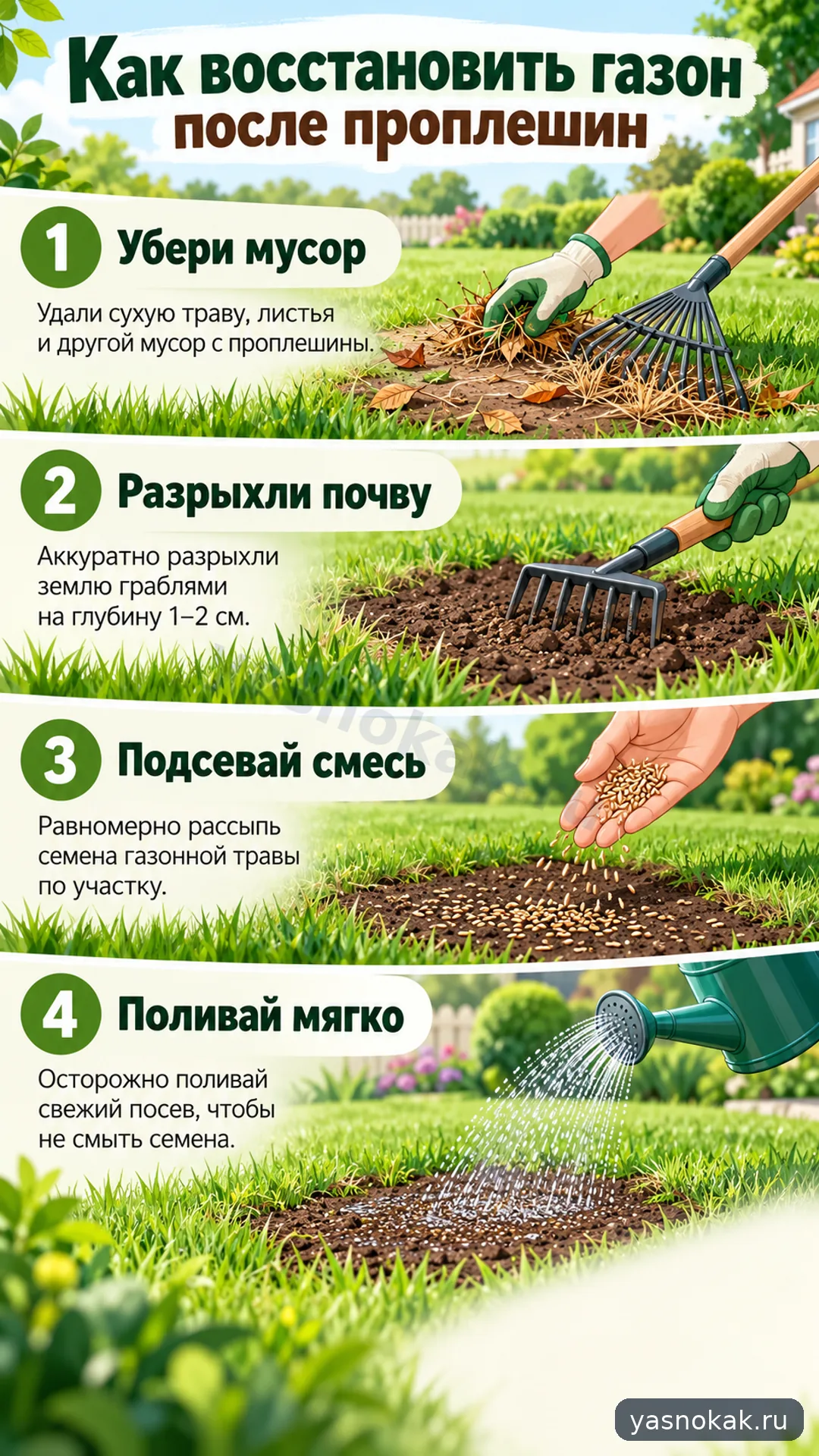 Схема: Как восстановить газон после проплешин