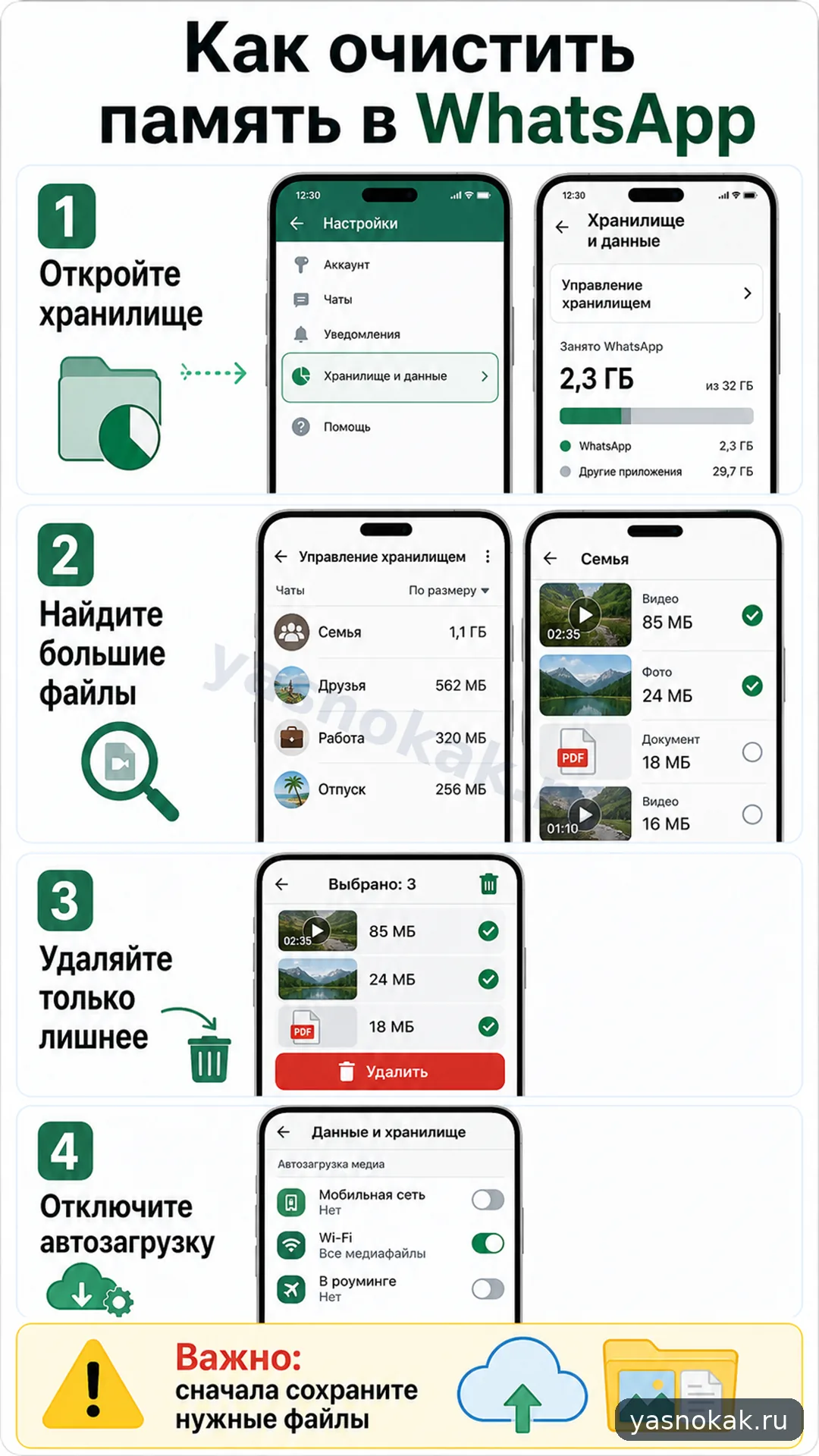 Схема: Как очистить память в WhatsApp