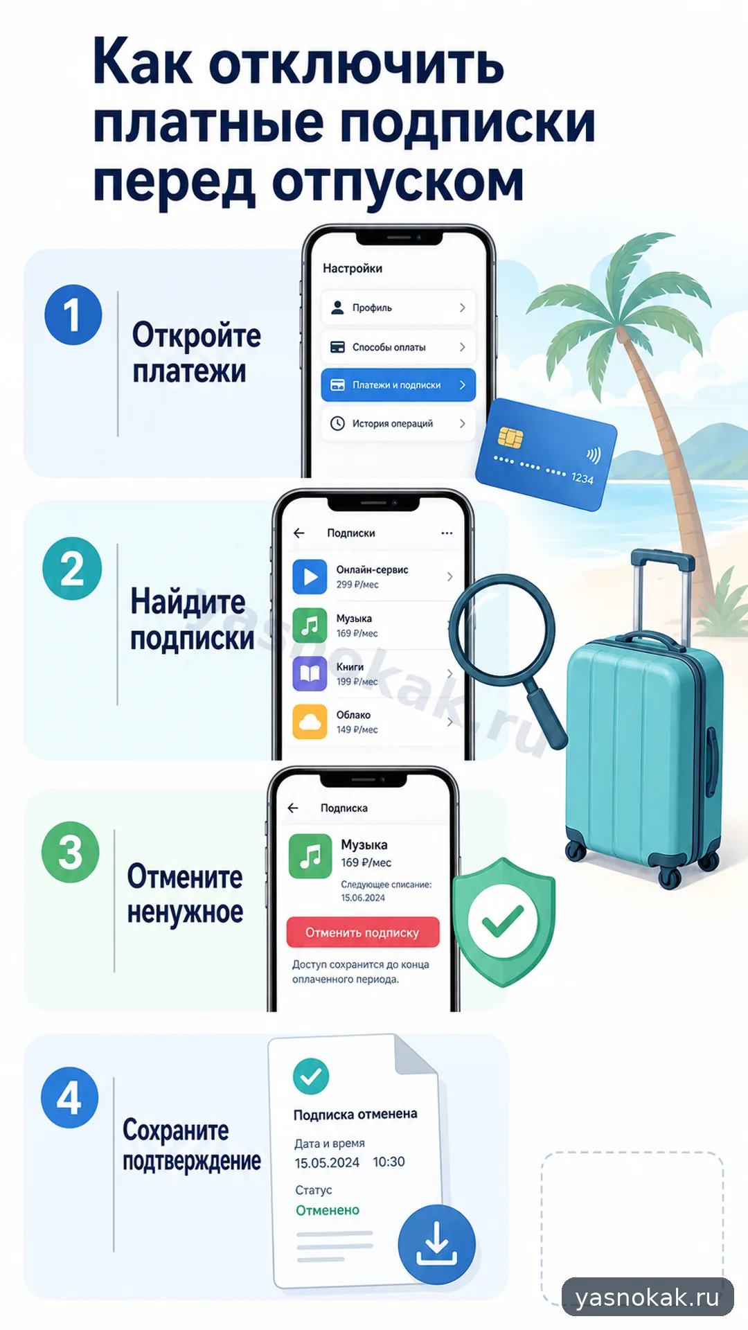 Схема: Как отключить платные подписки перед отпуском