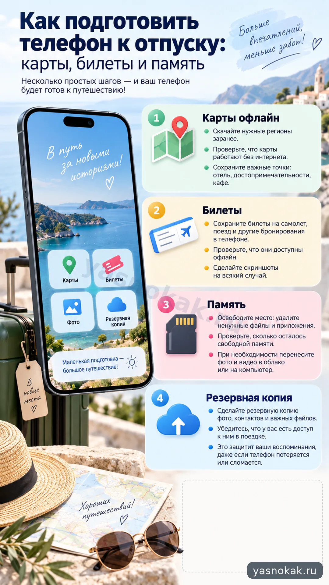 Схема: Как подготовить телефон к отпуску: карты, билеты и память