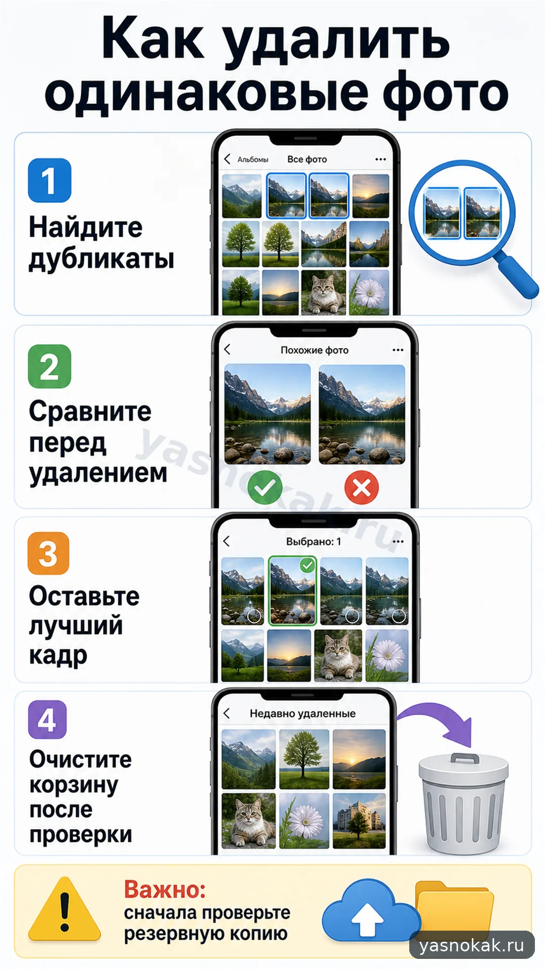 Схема: Как удалить одинаковые фото на телефоне