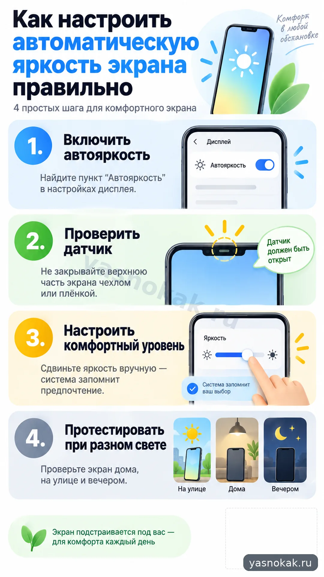 Схема: Как настроить автоматическую яркость экрана правильно