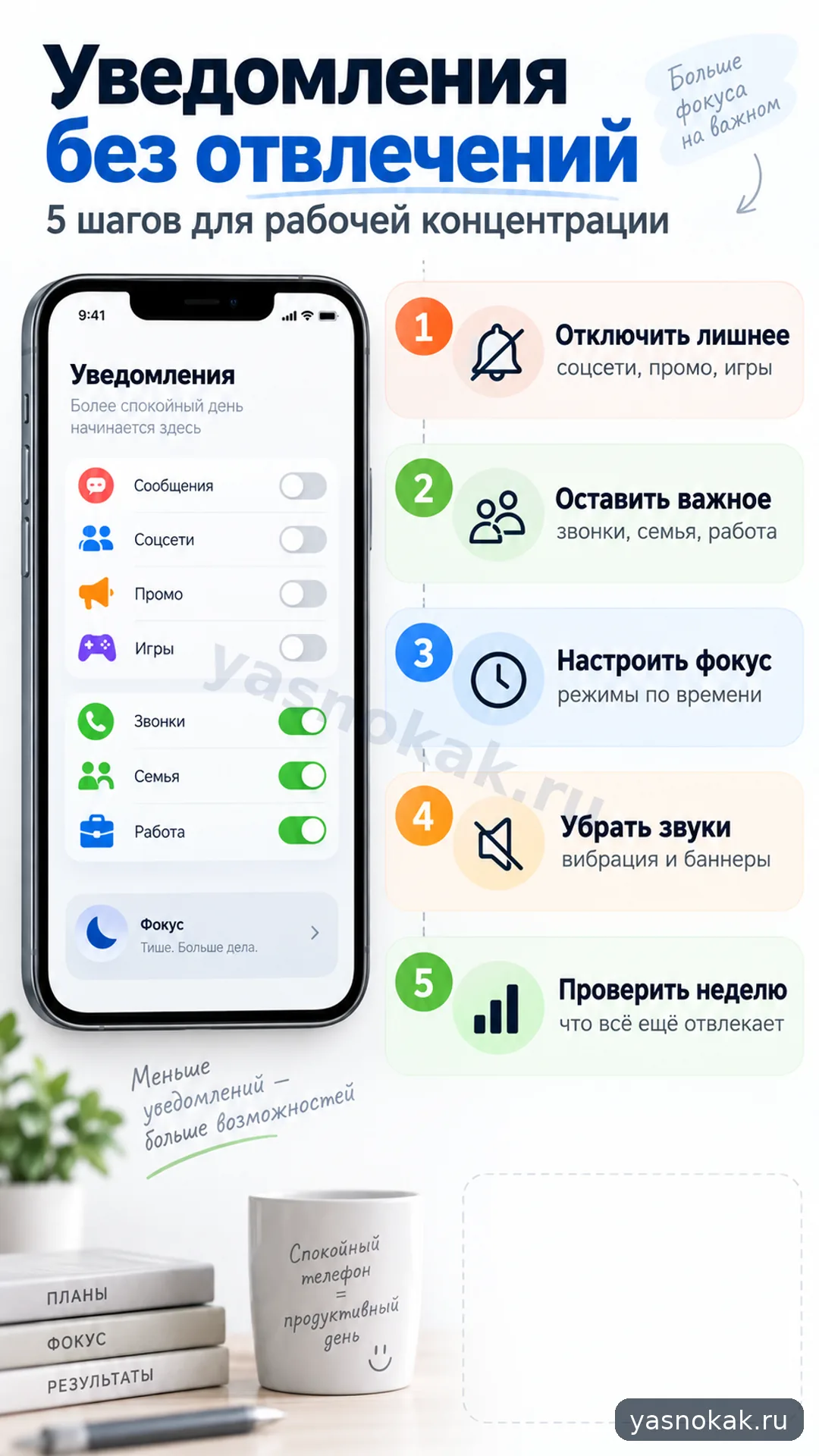 Схема: Как настроить уведомления, чтобы телефон не мешал работе