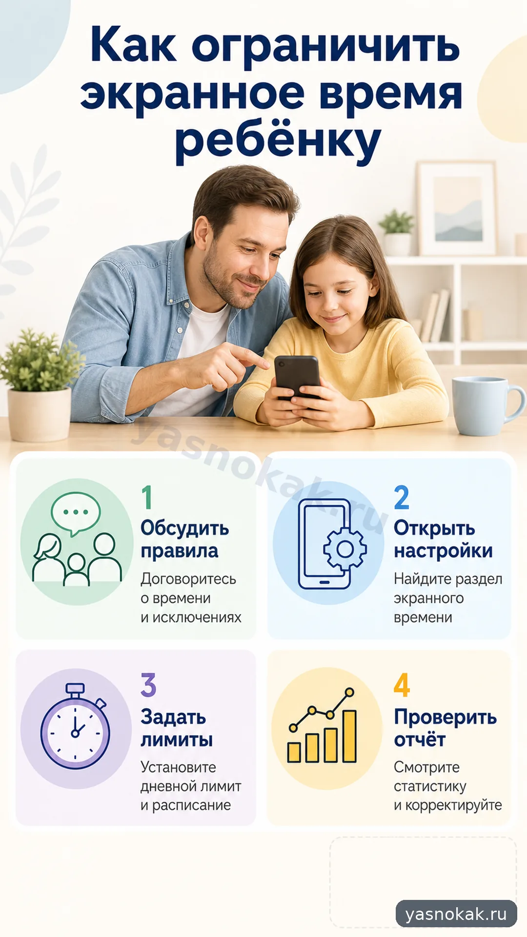 Схема: Как ограничить экранное время ребенку на телефоне