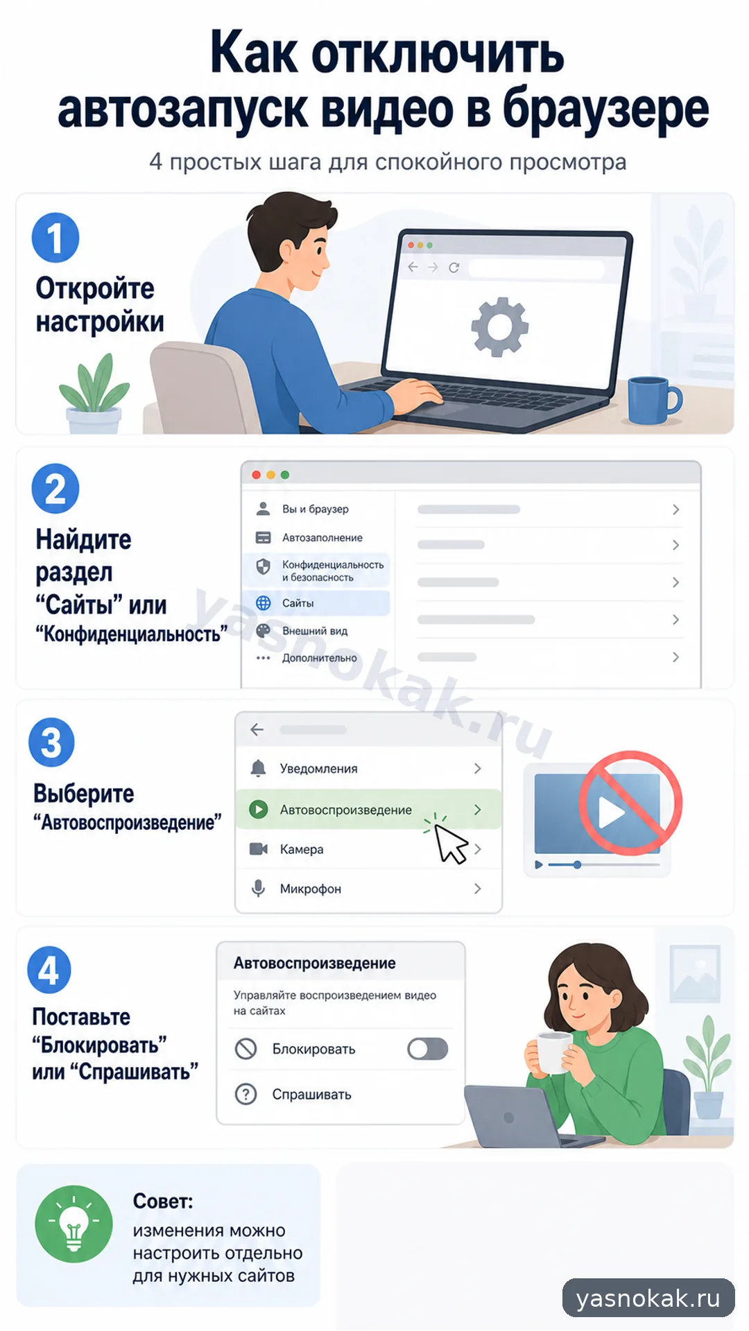 Схема: Как отключить автозапуск видео в браузере