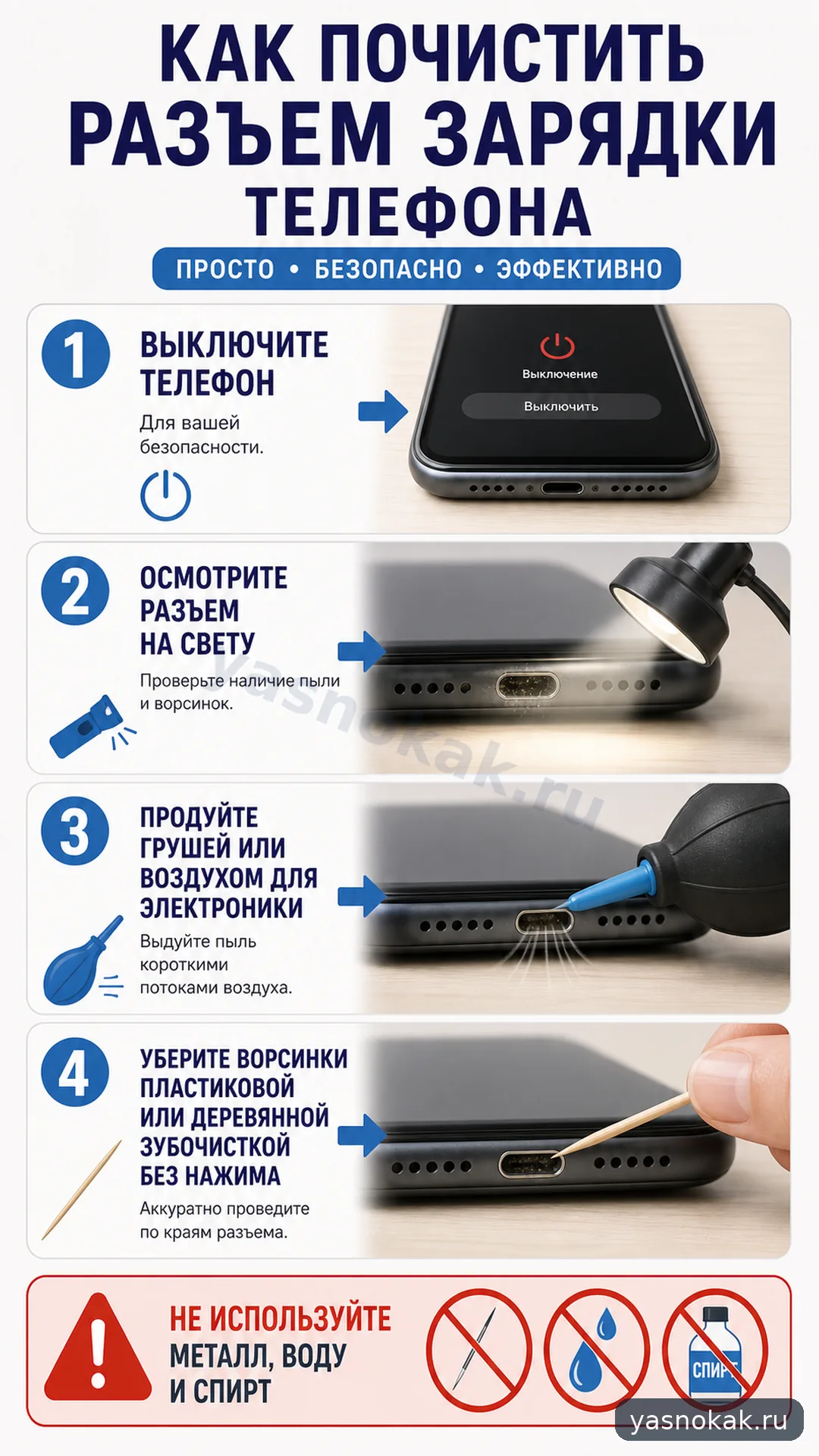 Схема: Как почистить разъем зарядки телефона