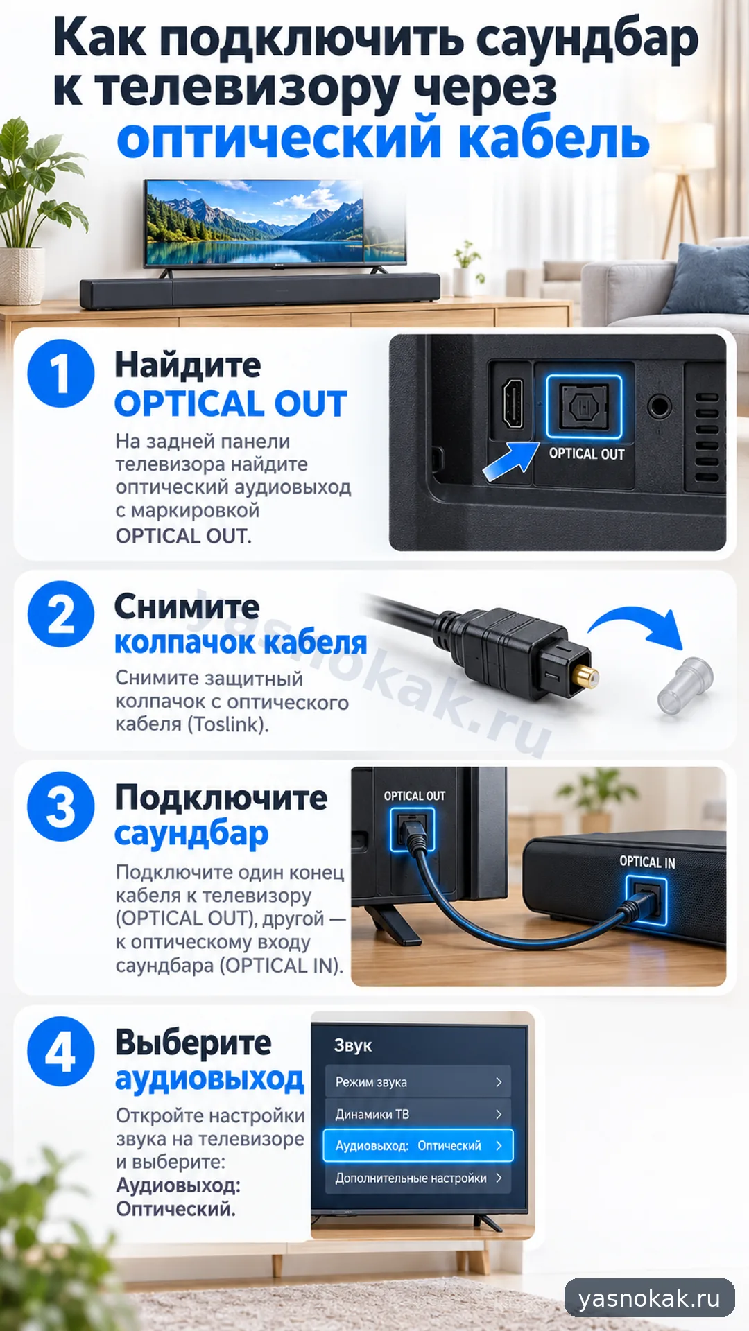 Схема: Как подключить саундбар к телевизору через оптический кабель