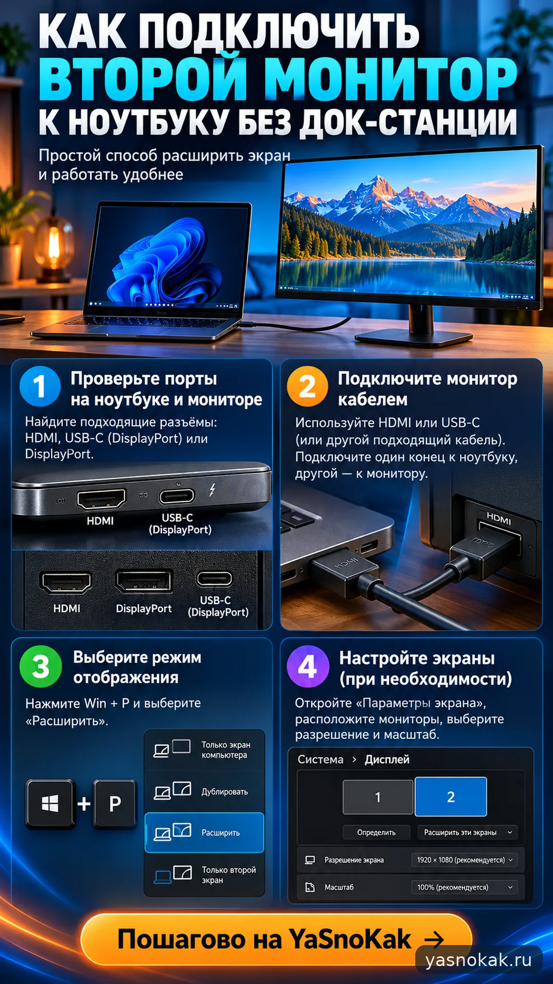 Схема: Как подключить второй монитор к ноутбуку без док-станции