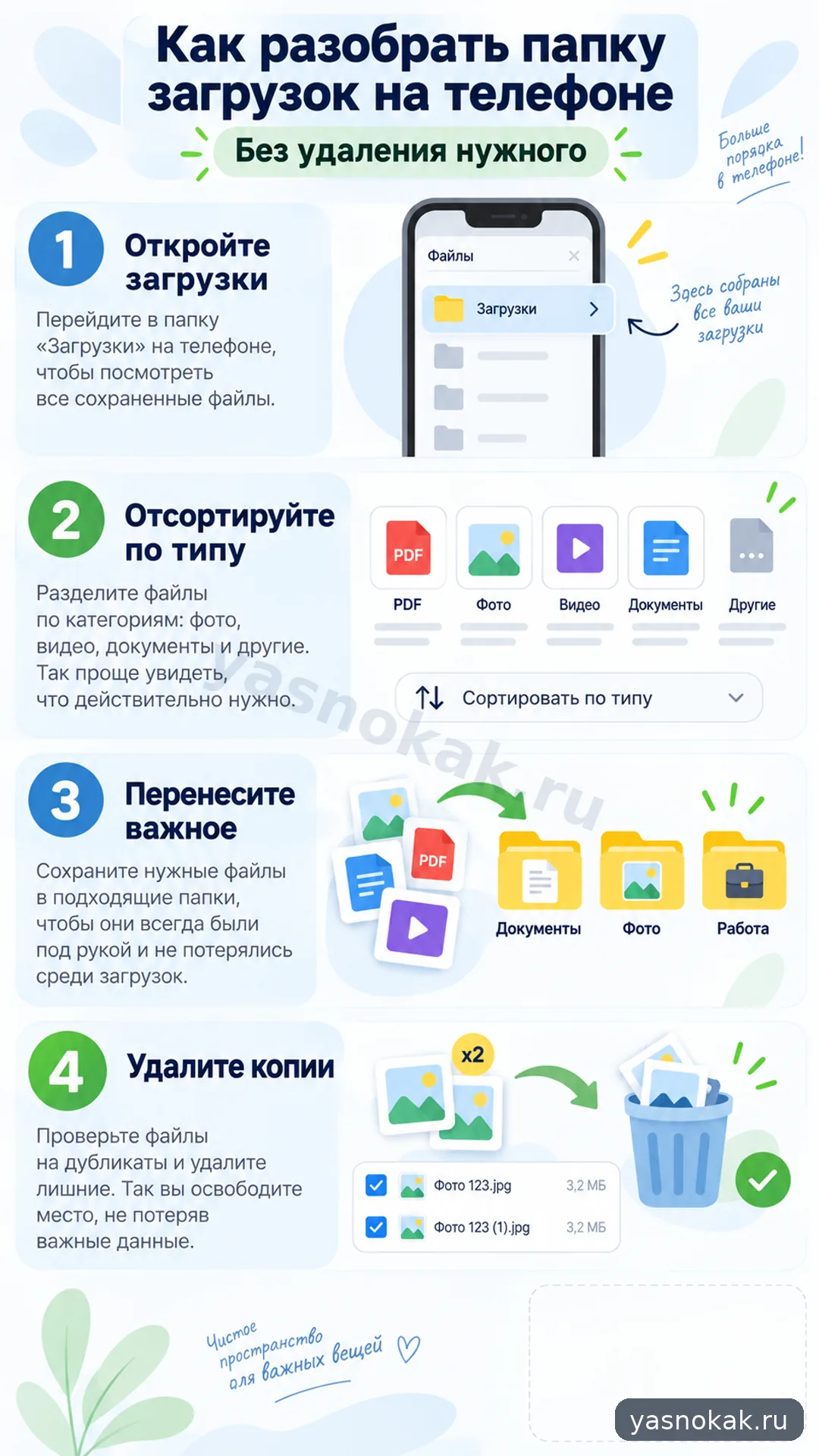 Схема: Как разобрать папку загрузок на телефоне без удаления нужного