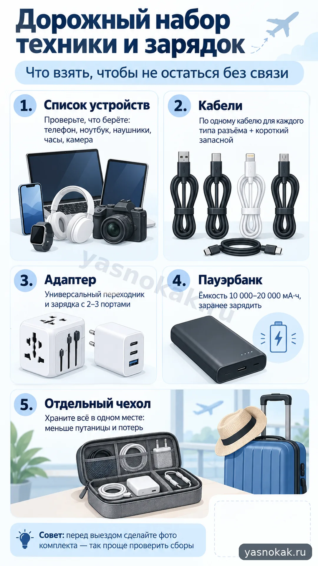 Схема: Как собрать дорожный набор техники и зарядок